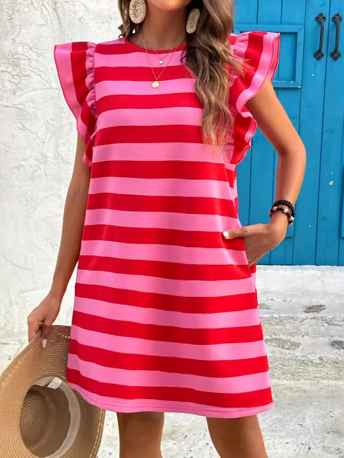 Striped Ruffle Sleeve Casual Summer Dress