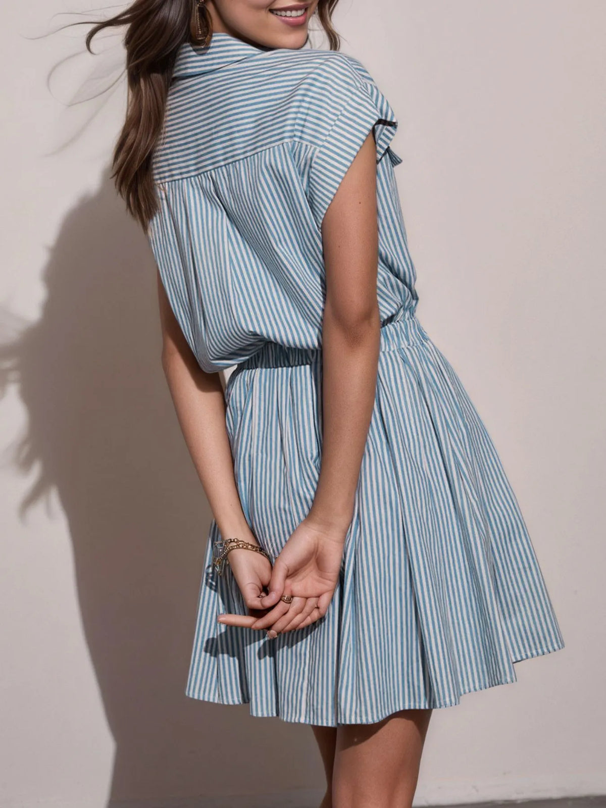 Hlaf Button Striped Cap Sleeve Mini Shirt Dress