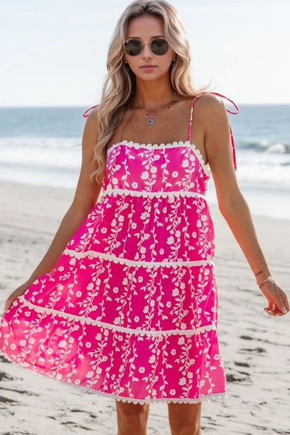 Floral Print Ric Rac Patched Sleeveless Mini Dress