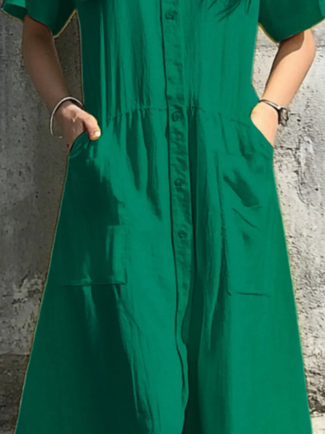Button Front Short Sleeve Midi Dress