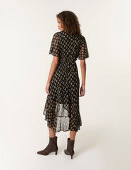 Geometric Mesh Ruffle Wrap Dress