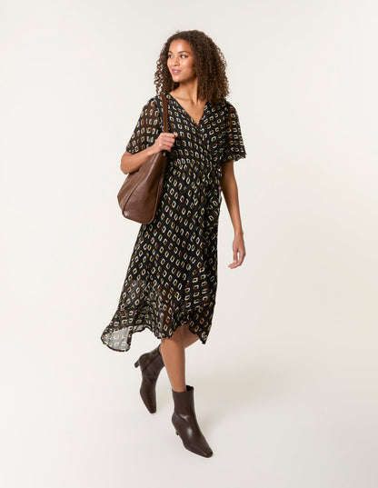 Geometric Mesh Ruffle Wrap Dress