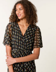 Geometric Mesh Ruffle Wrap Dress
