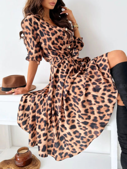 Printed Tie Waist Midi Dress