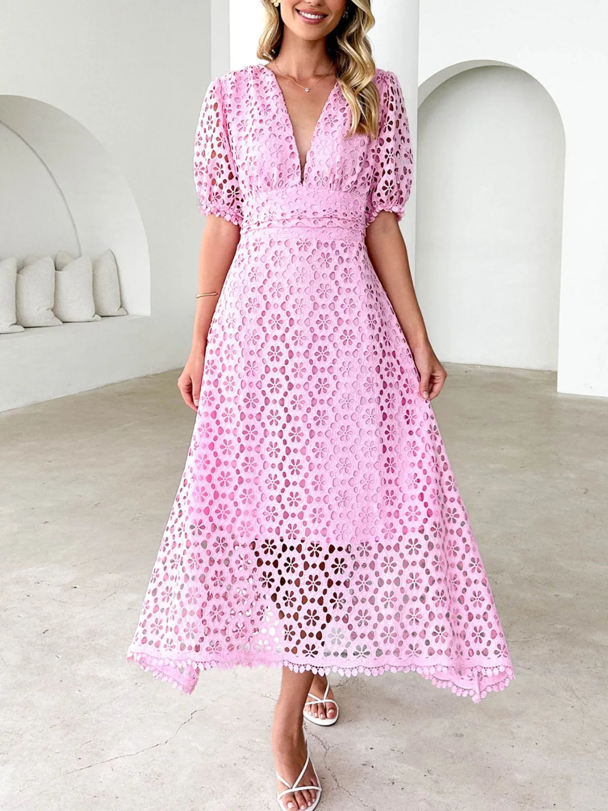 Eyelet Lace V-Neck Midi Dress with Puff Sleeves