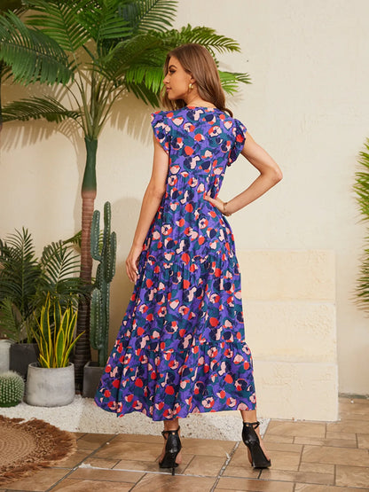 Floral V-Neck Cap Sleeve Summer Dress