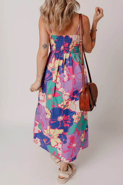 Floral Print Shirred Spaghetti Strap Loose Maxi Dress