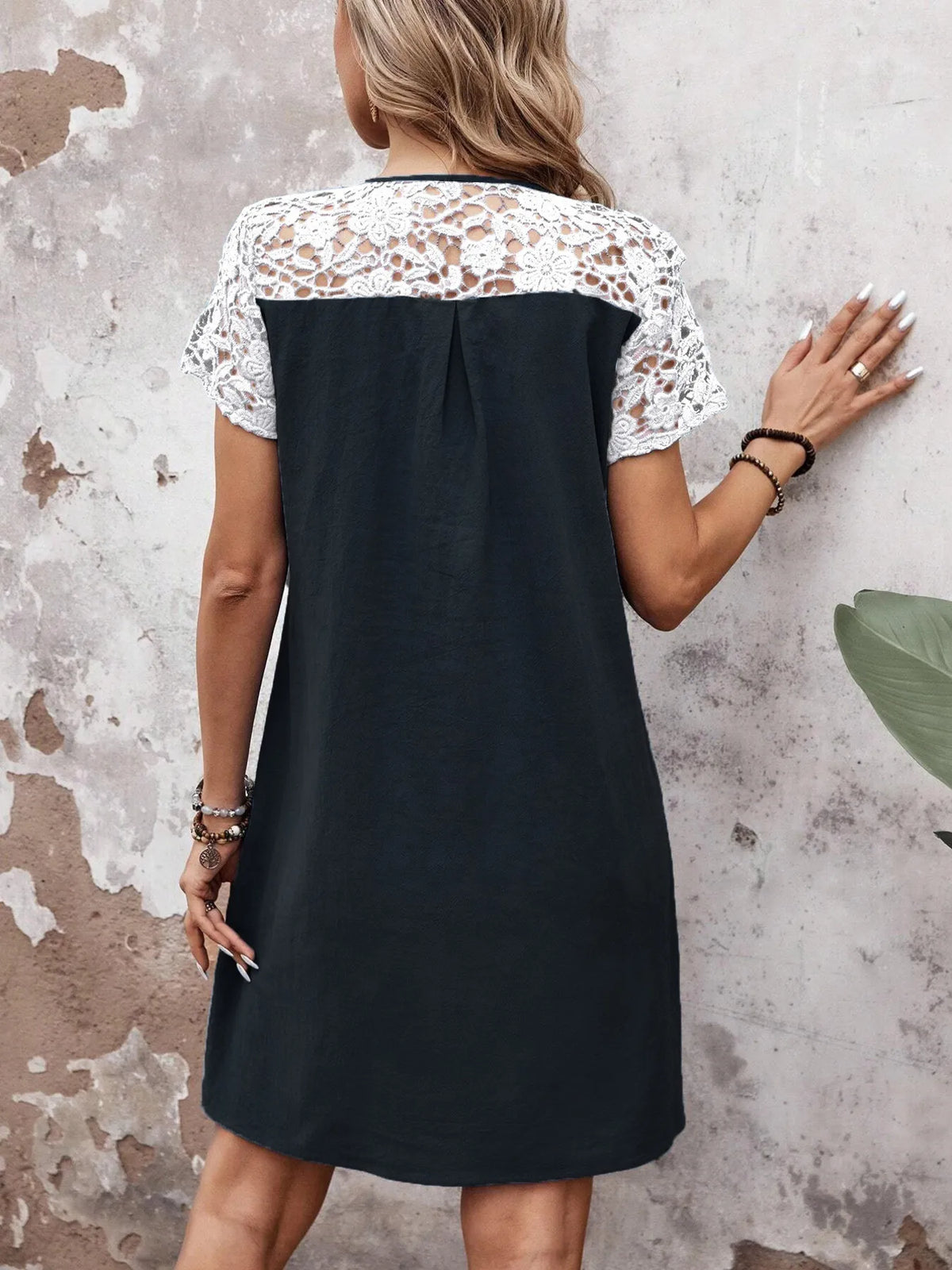 Lace Button Detail Round Neck Mini Dress
