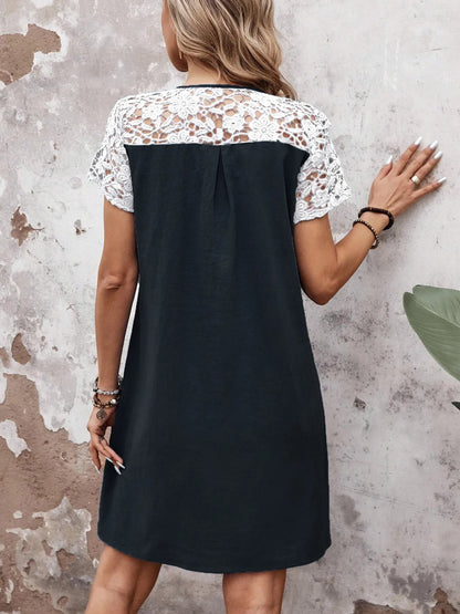 Lace Button Detail Round Neck Mini Dress