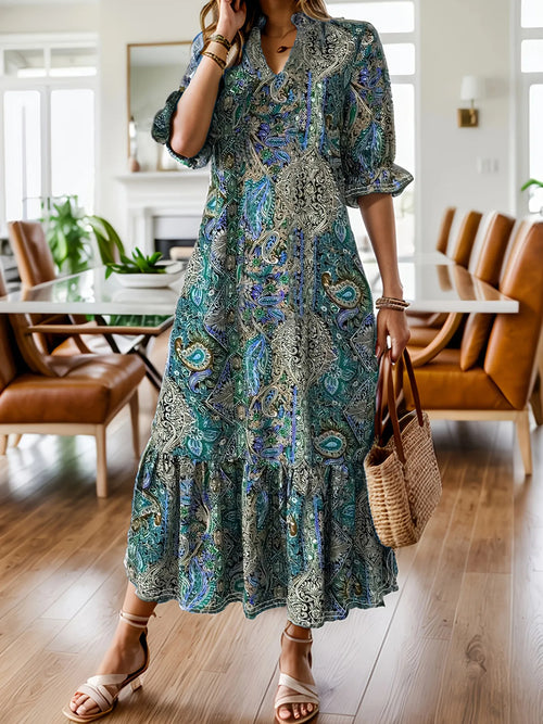 Full Size Bohemian Paisley Print Ruffle Hem Midi Dress Plus Size