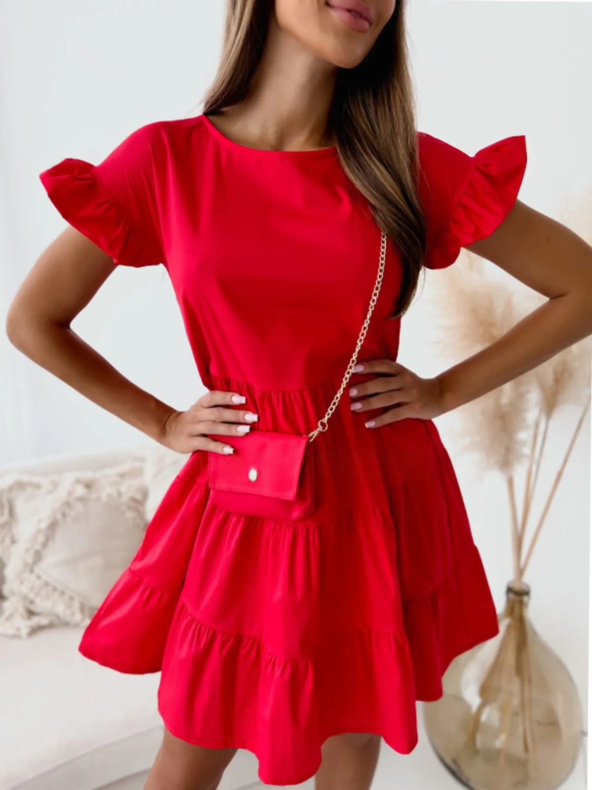 Ruffle Sleeve Tiered Swing Dress