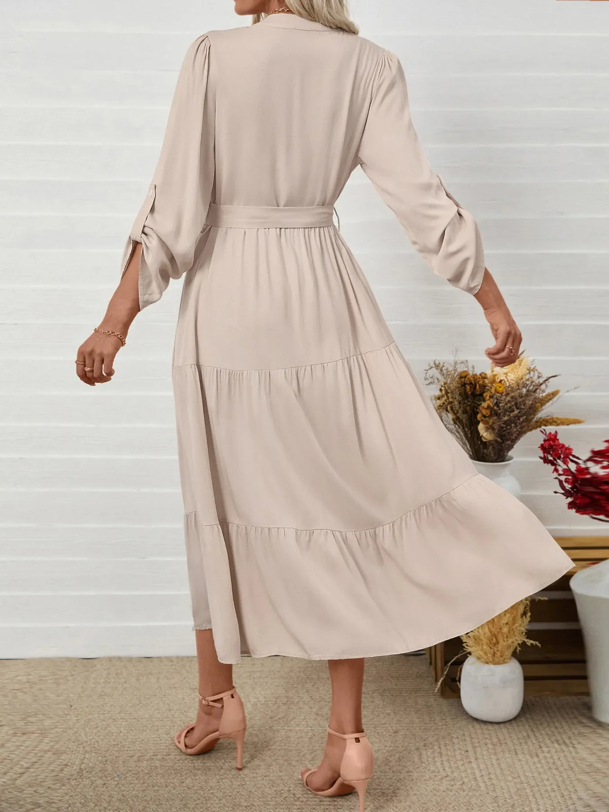 Tiered Notched Belted Midi Dress