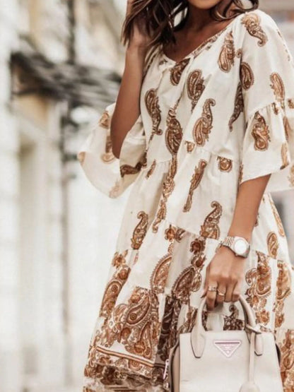 Paisley Print Tie Neck Half Sleeve Mini Dress
