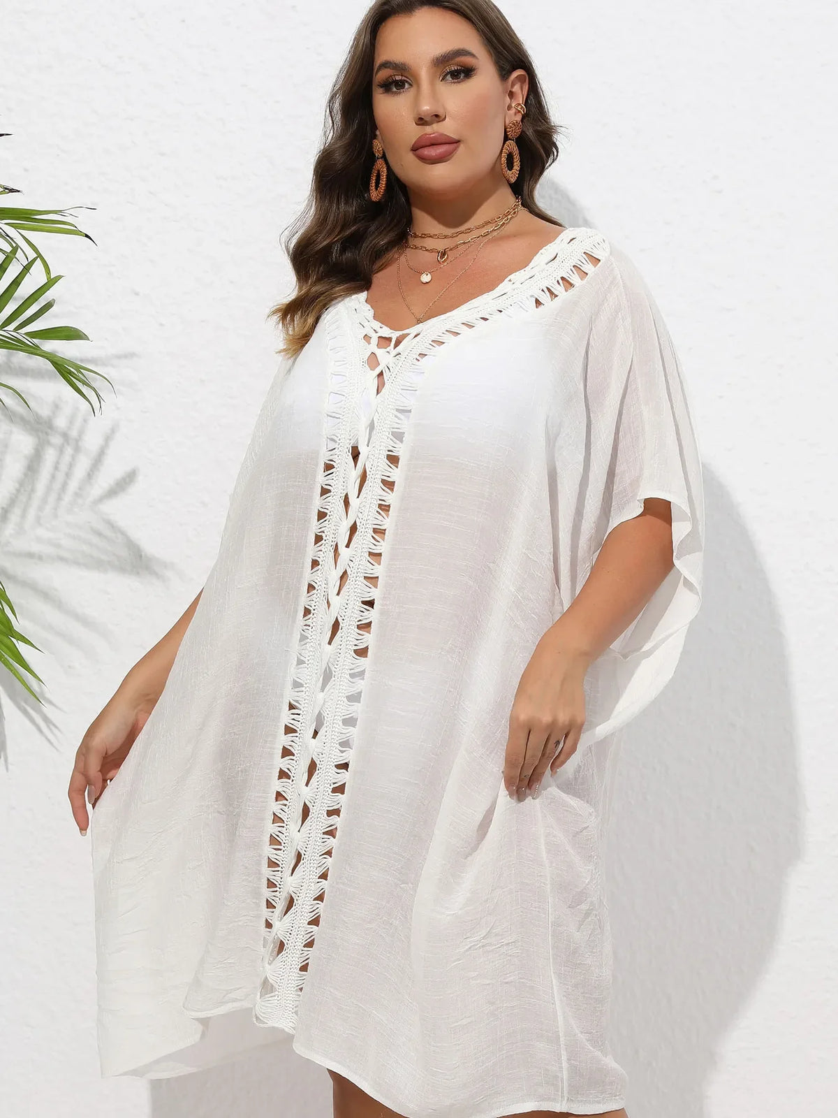 Crochet Trim V-Neck Beach Cover Up Dress