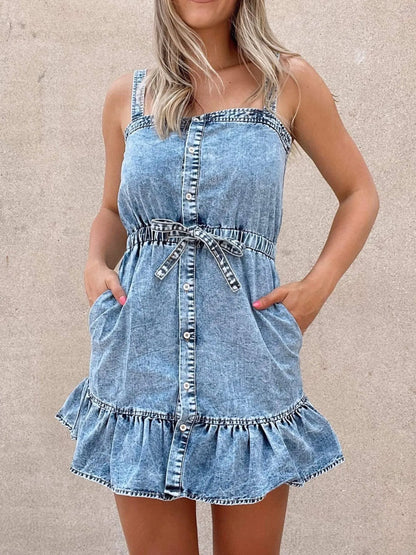 Casual Ruffled Hem Denim Mini Dress with Tie Waist