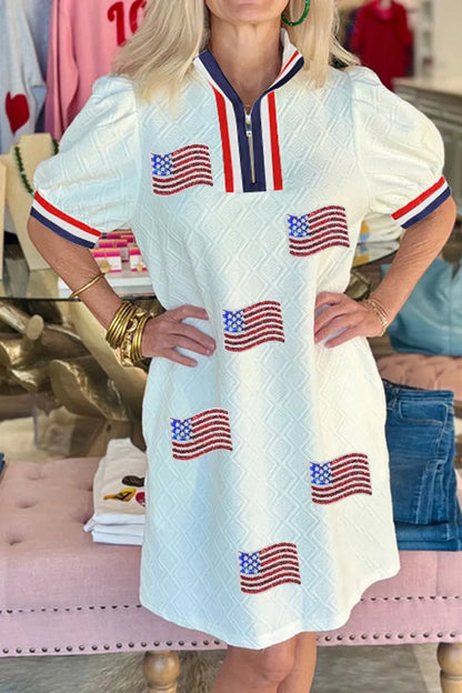 Patriotic American Flag Print Dress with Striped Collar