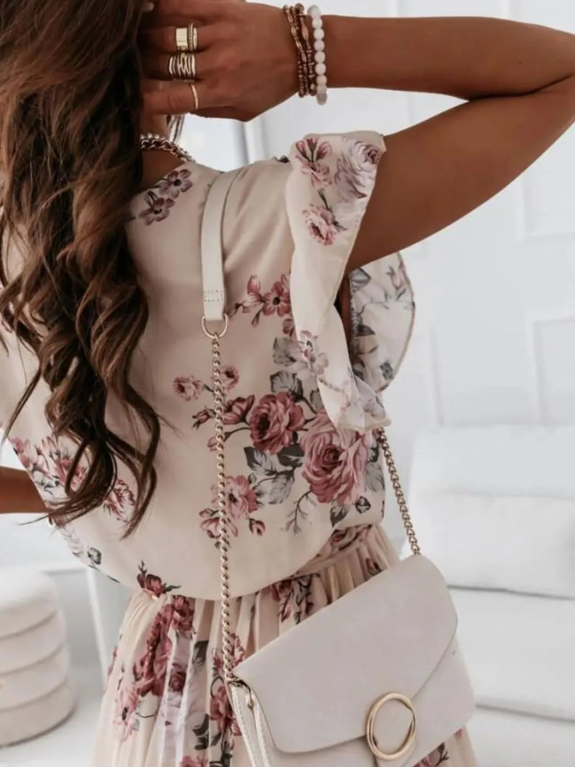 Floral Surplice Ruffled Cap Sleeve Dress