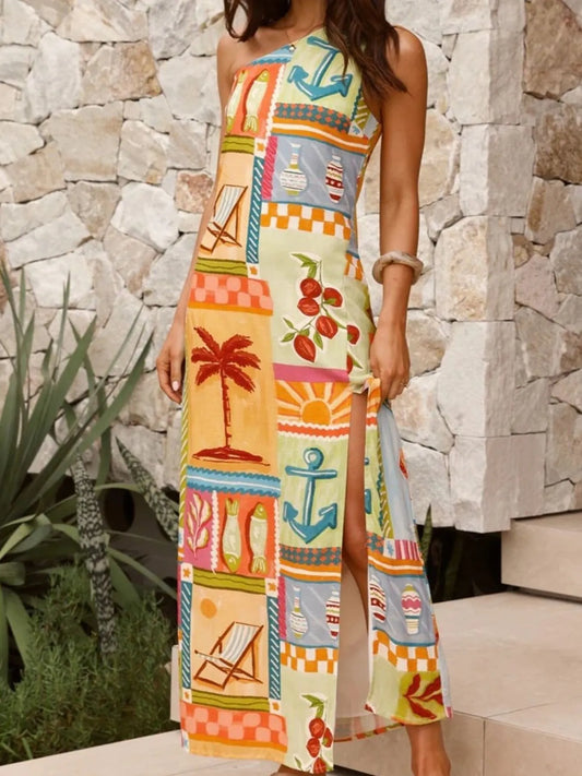 Slit Printed Single Shoulder Maxi Dress