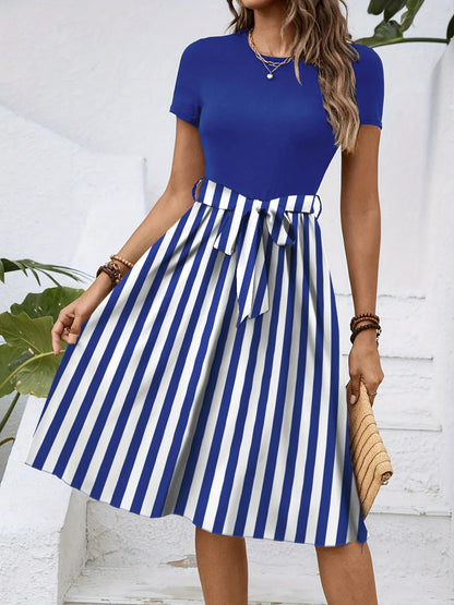Striped Round Neck Short Sleeve Dress