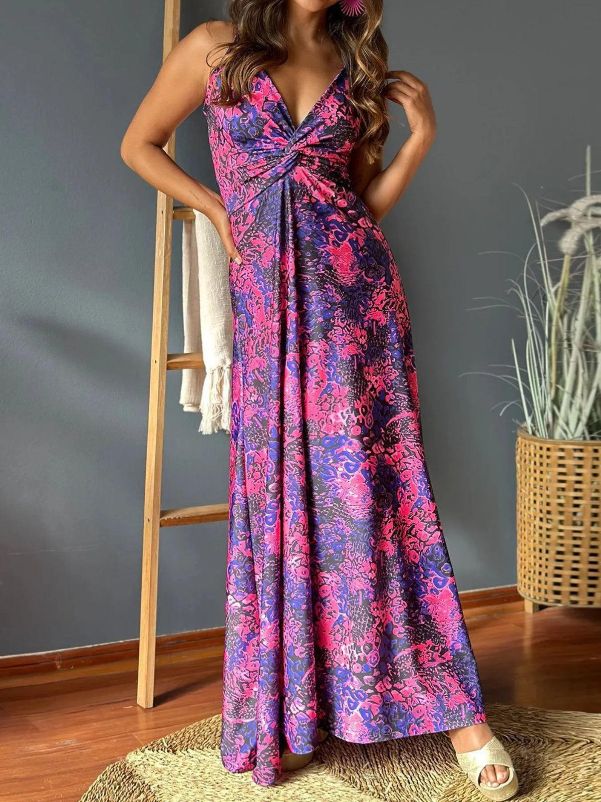 Tropical Print V-Neck Maxi Dress