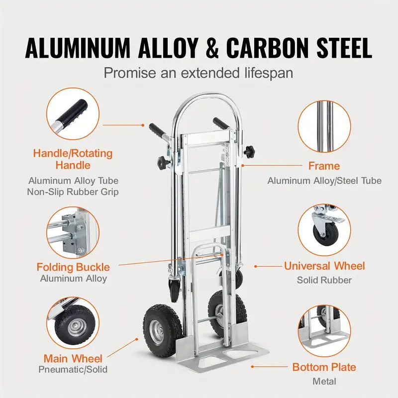 Aluminum Folding Trolley, 4 in 1 Design, 1000 lbs Load Capacity, Heavy Duty Industrial Foldable Trolley, Transporter with Rubber Wheels, Suitable for Transport and Moving in Warehouse, Supermarket, Garden