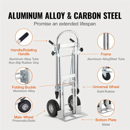 Aluminum Folding Trolley, 4 in 1 Design, 1000 lbs Load Capacity, Heavy Duty Industrial Foldable Trolley, Transporter with Rubber Wheels, Suitable for Transport and Moving in Warehouse, Supermarket, Garden