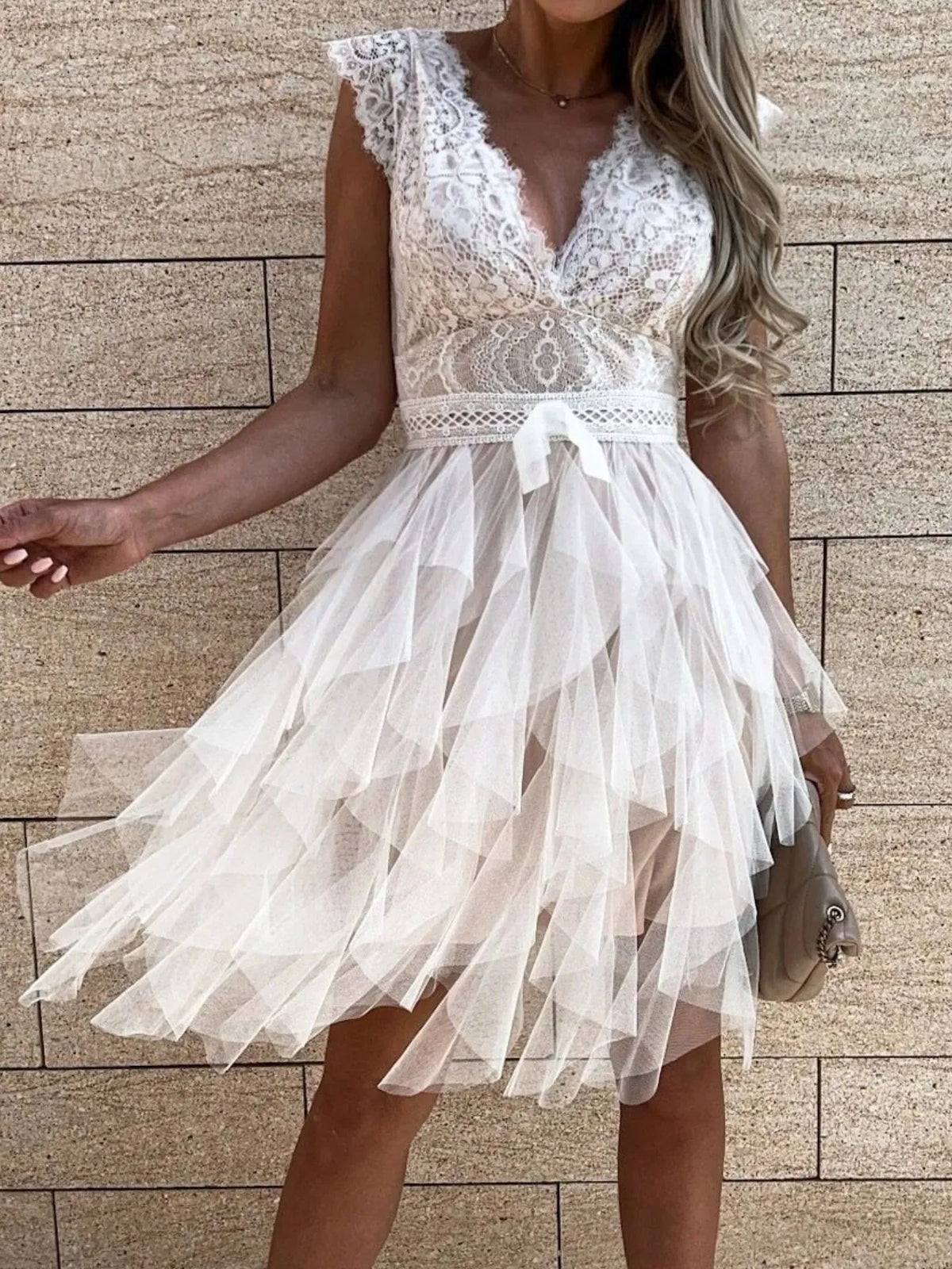 Lace V-Neck Ruffle Dress