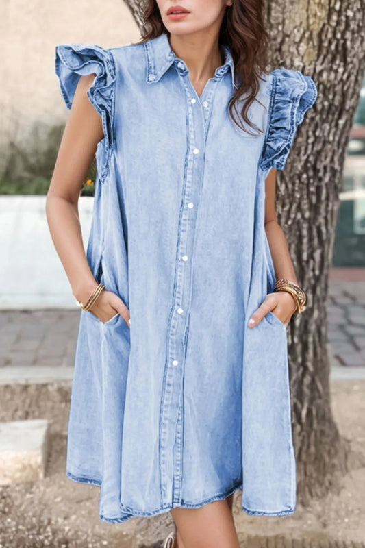 Ruffled Button Front Cap Sleeve Denim Dress