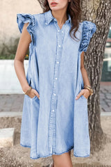 Ruffled Button Front Cap Sleeve Denim Dress