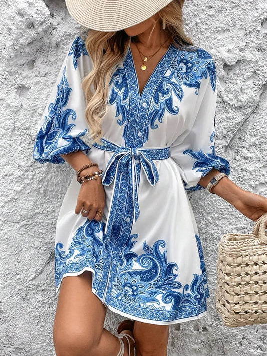 Paisley V-Neck 3/4 Sleeve Mini Dress