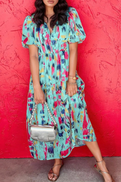 Abstract Print Short Puff Sleeve Tiered Maxi Dress