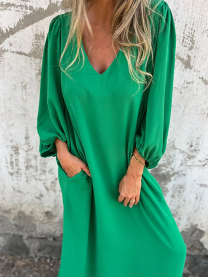 Full Size Slit V-Neck Balloon Sleeve Midi Dress Plus Size