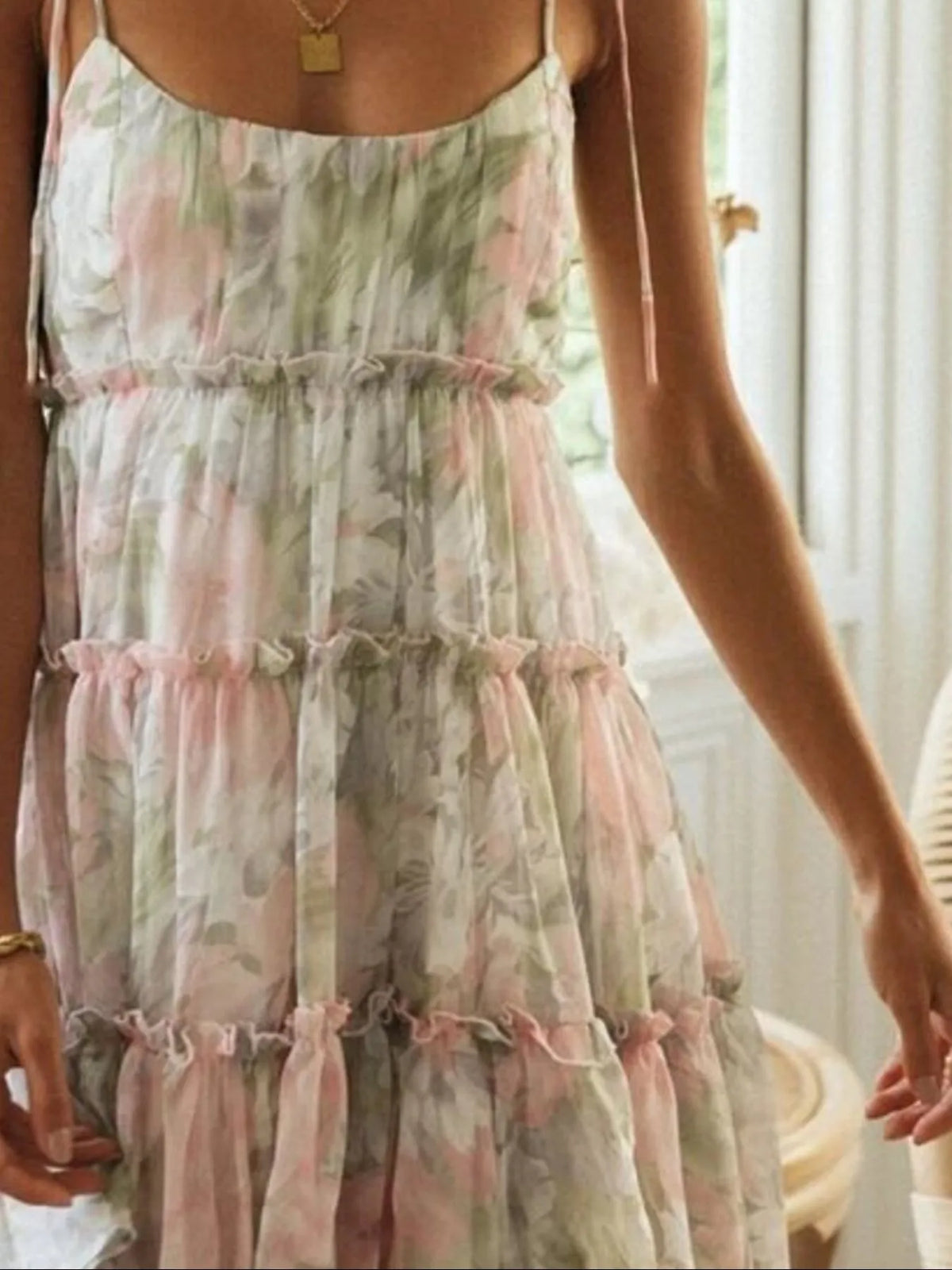 Printed Tie-Strap Tiered Mini Dress