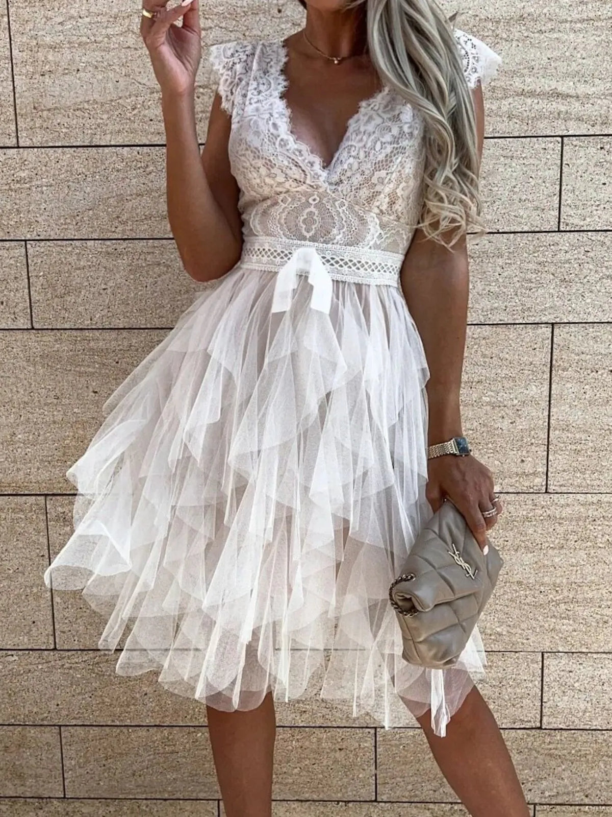 Lace V-Neck Ruffle Dress
