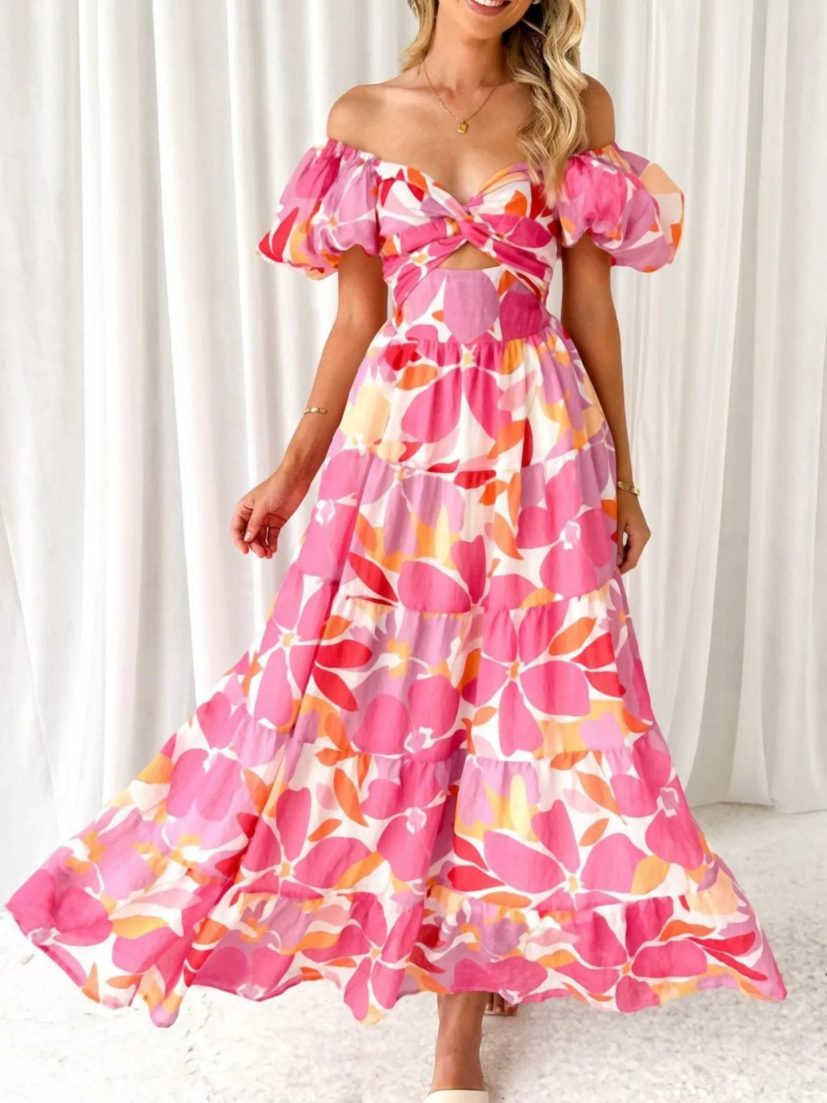 Off-Shoulder Floral Tiered Dress with Ruffle Details