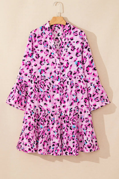 Leopard Print Buttoned Front 3/4 Sleeve Tiered Ruffled Hem Dress