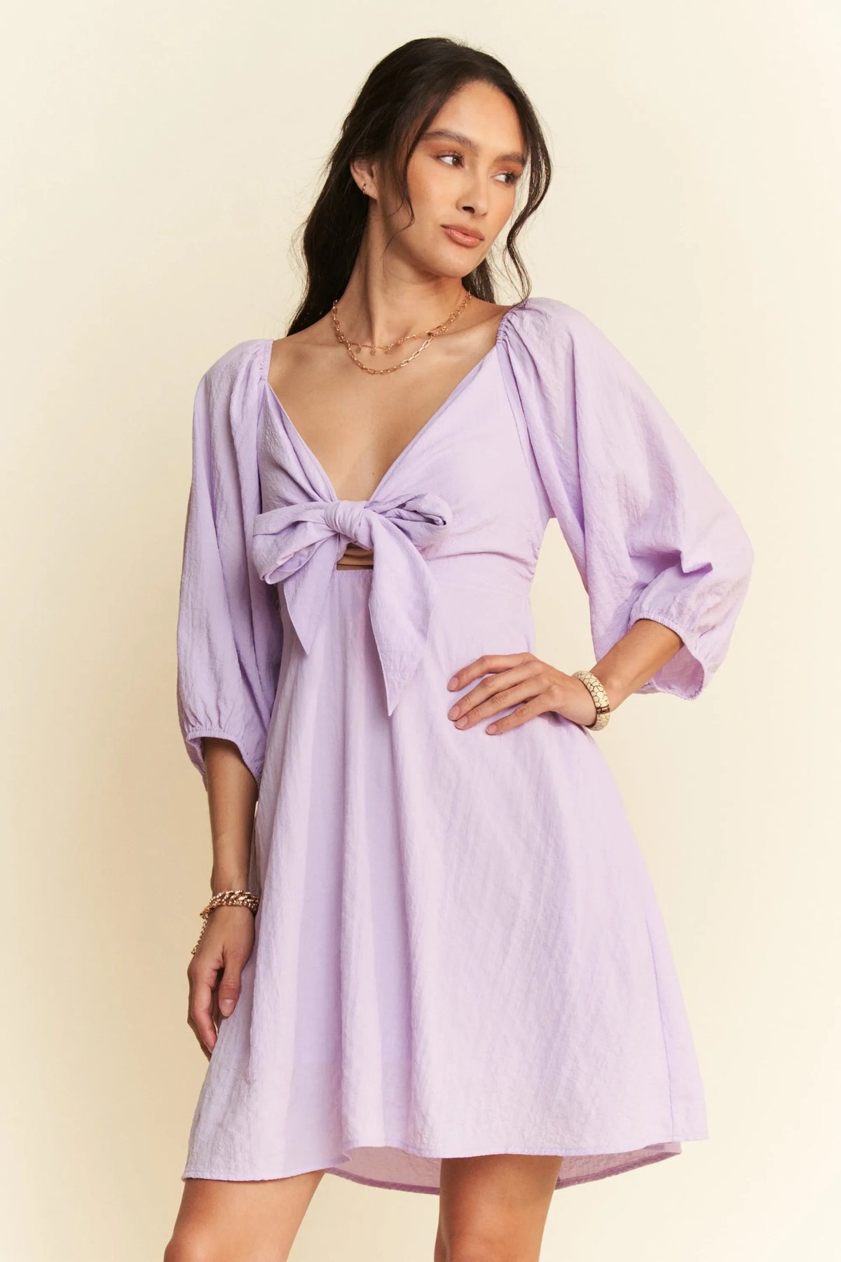 Davi & Dani Self-Tie Puff Sleeve Smocking Open Back Mini Dress