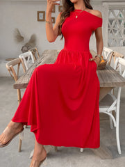 Single Shoulder Midi Dress with Pockets