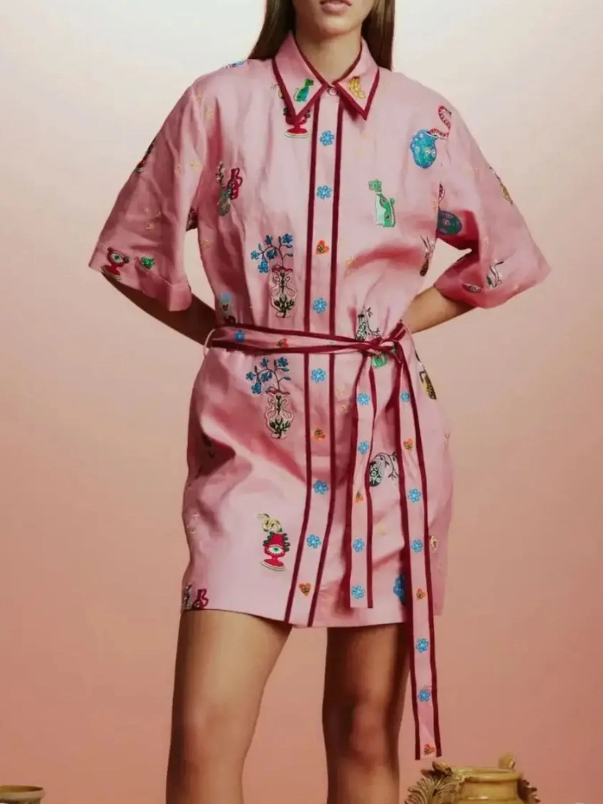 Printed Tie Waist Half Sleeve Shirt Dress