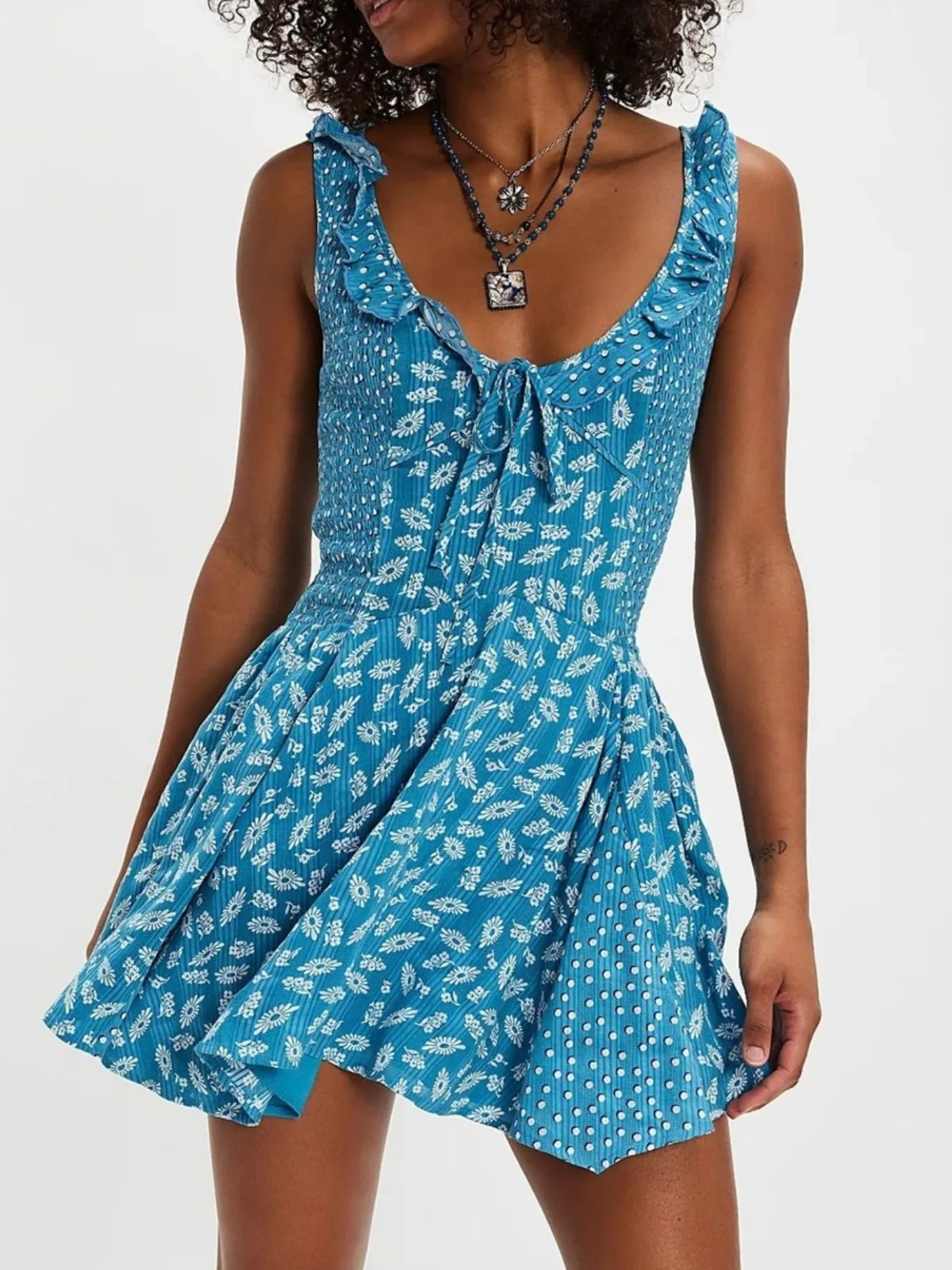 Floral Scoop Neck Mini Dress with Ruffle Hem