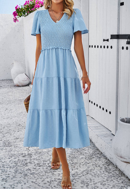 Leonie Spotted Tiered Midi Dress - Blue