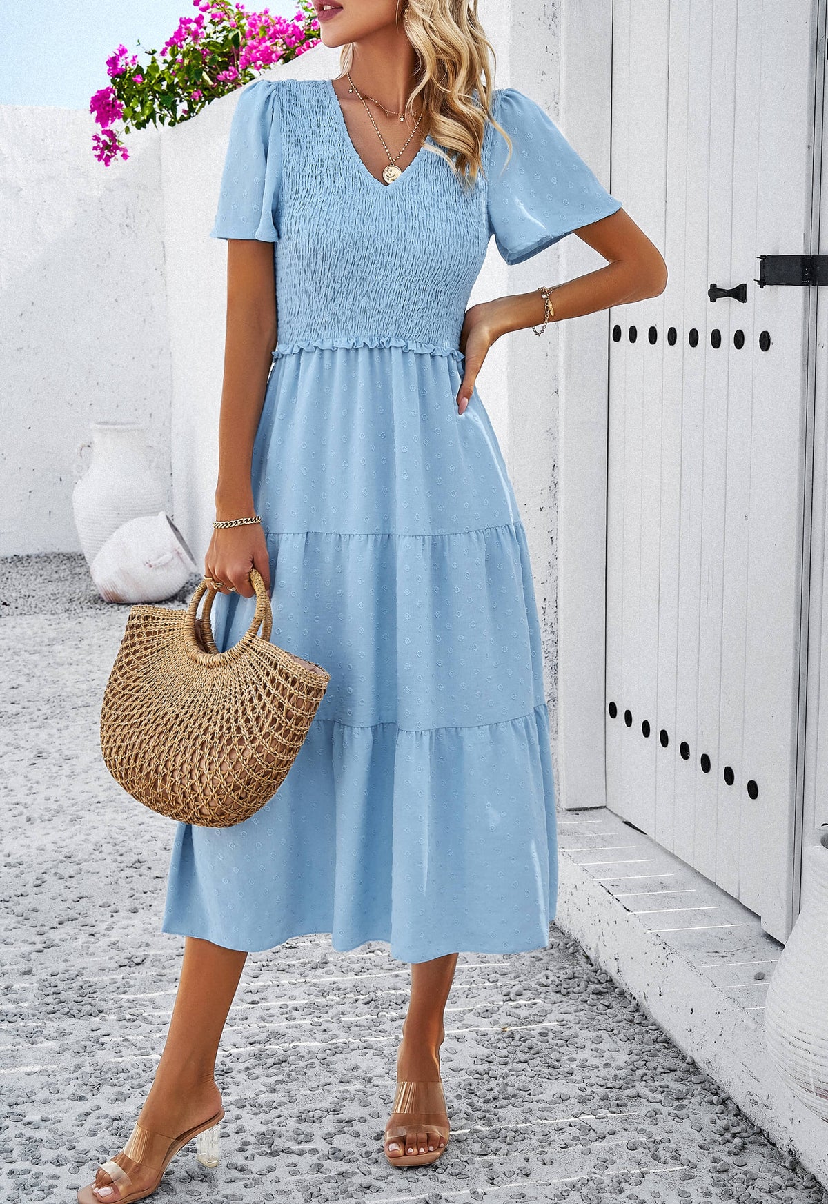 Leonie Spotted Tiered Midi Dress - Blue
