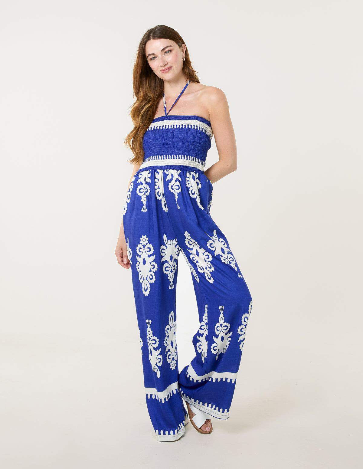 Halter Neck Shirred Waist Jumpsuit