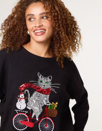 Christmas Cat On A Bike Jumper