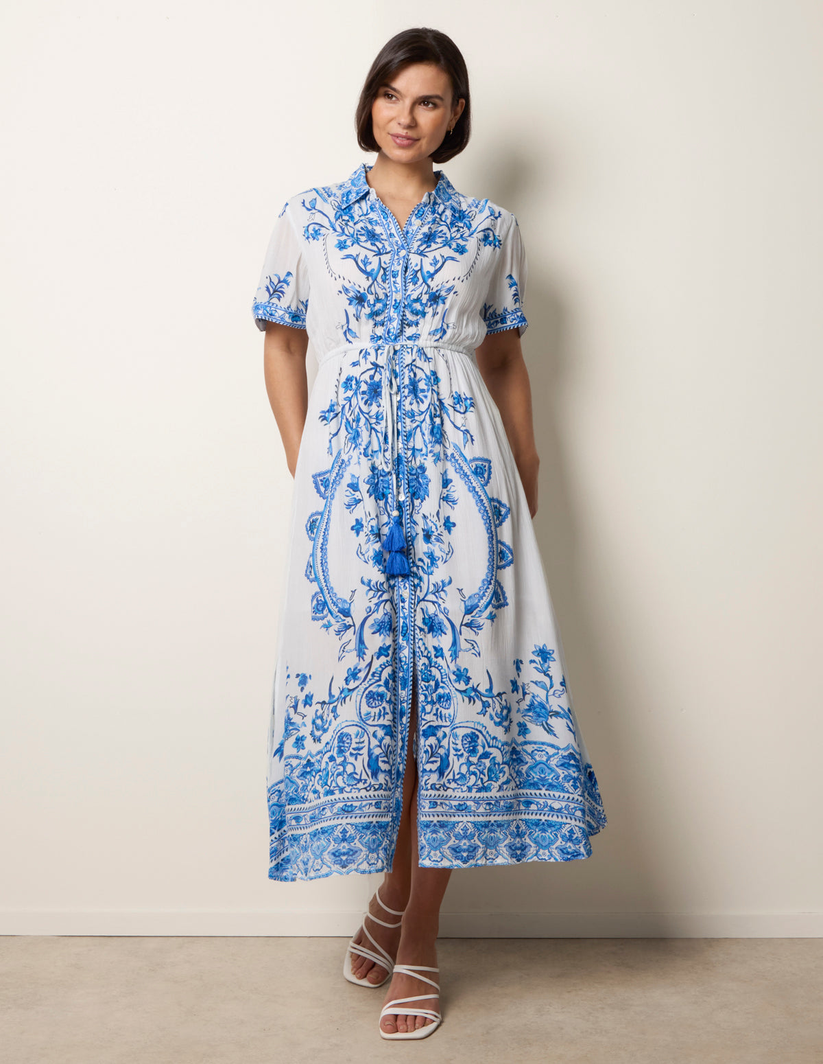 Floral Blue Print Drawstring Dress