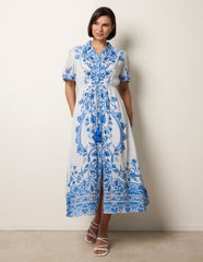 Floral Blue Print Drawstring Dress
