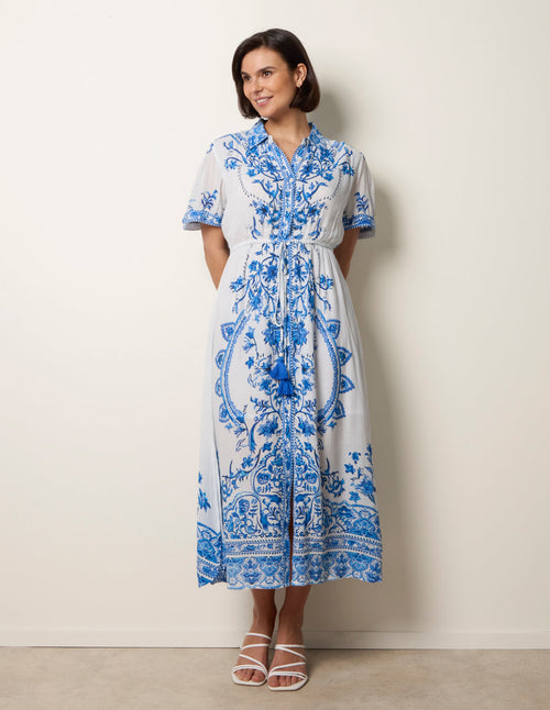 Floral Blue Print Drawstring Dress