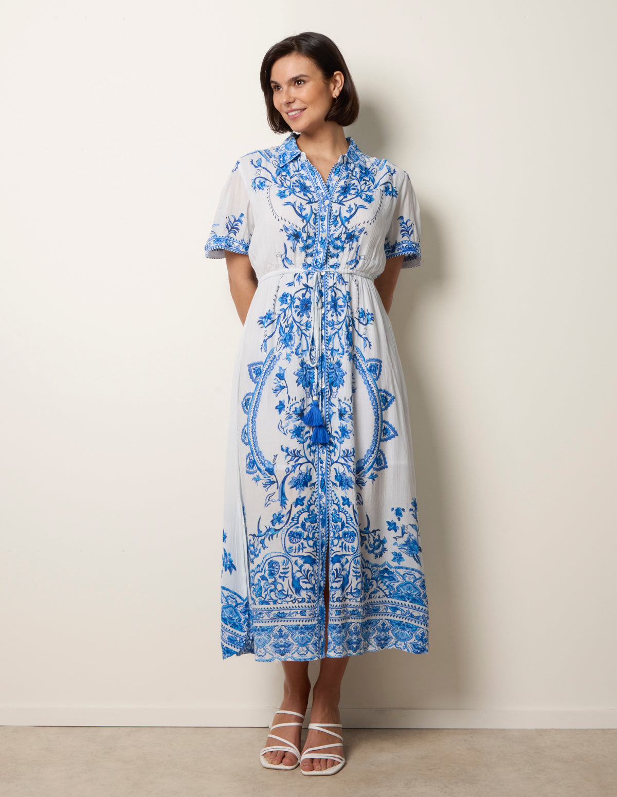 Floral Blue Print Drawstring Dress