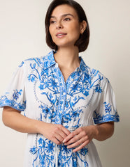 Floral Blue Print Drawstring Dress