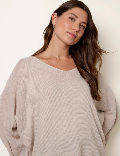 Metallic V Neck Knitted Ripple Jumper